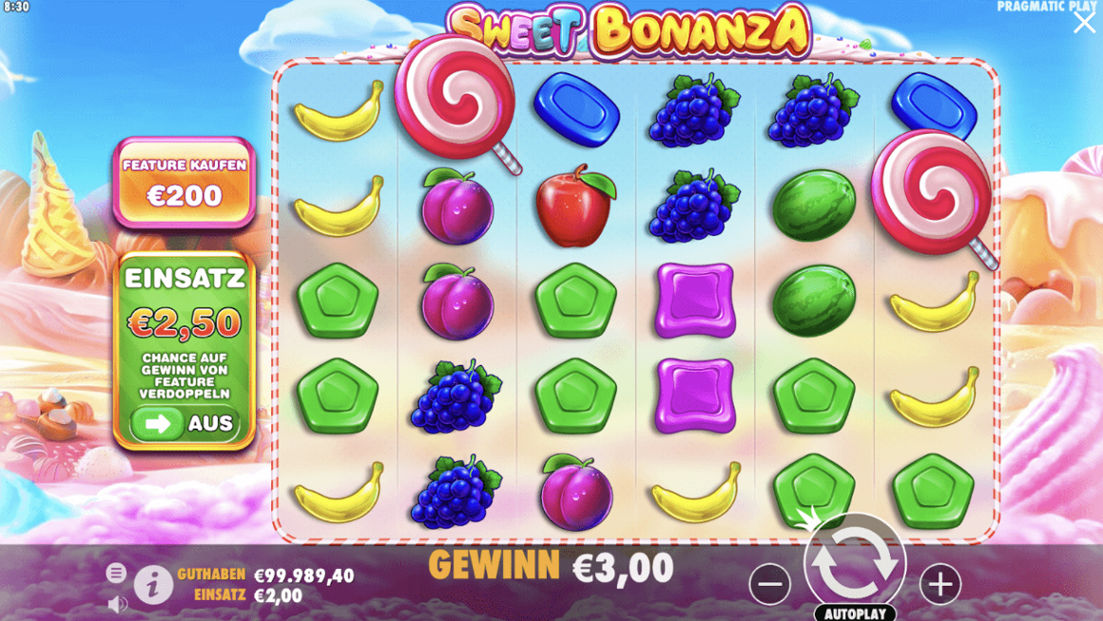 Sweet Bonanza Slot Spieloberfl&auml;che mit zwei Scatter-Symbolen